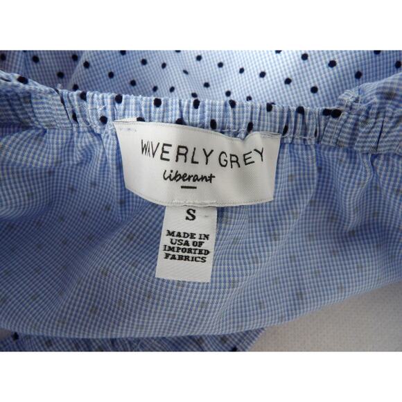 Waverly Grey Tank Top Small Ruffle Blue Grid Plaid Polka Dot Cottage Core - Picture 5 of 11